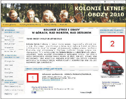 Tanie zielone szkoły - położenie reklam w serwisie